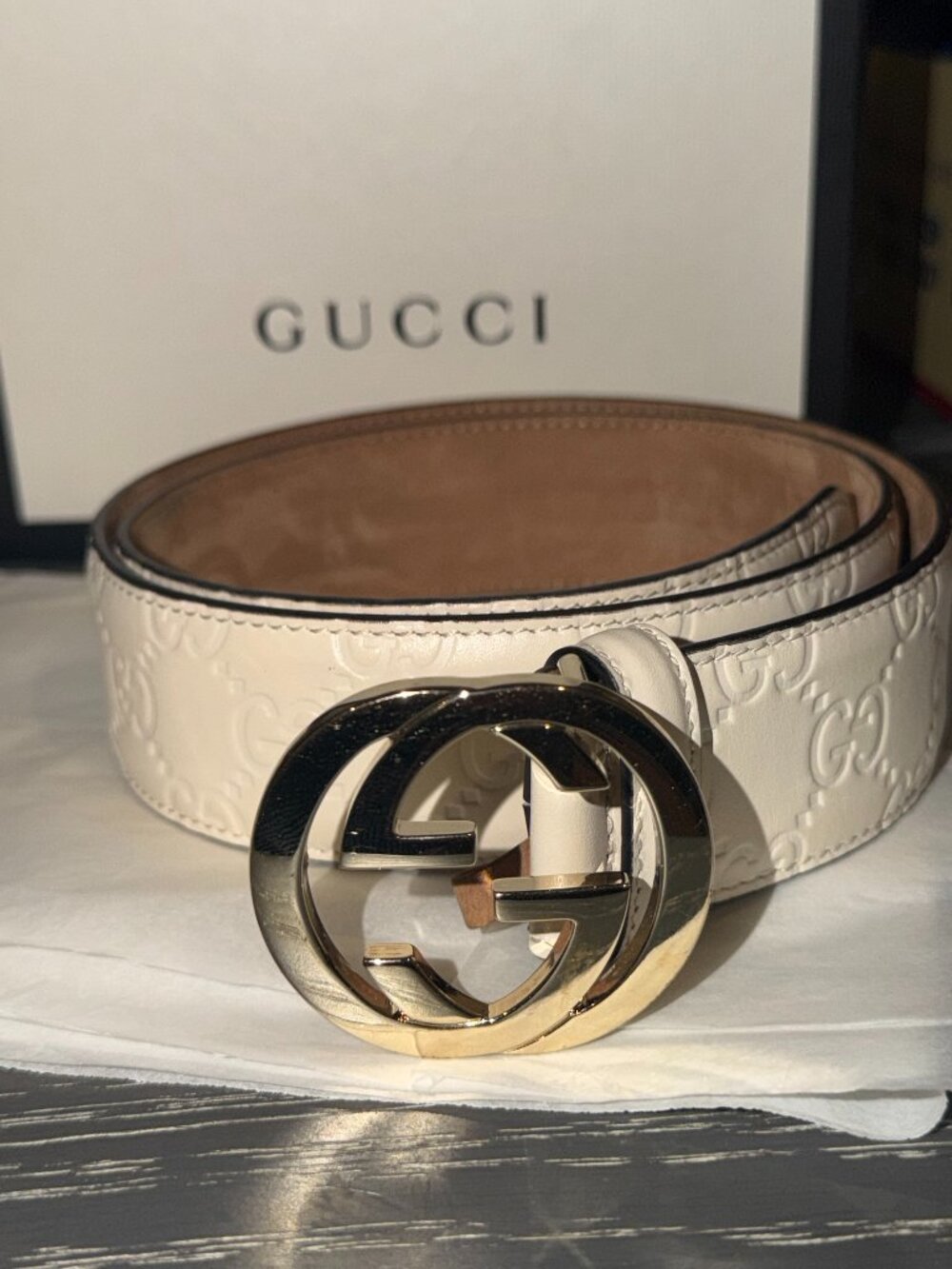 Authentic Gucci Guccissima White Leather Interlocking GG Belt Size 80/32 – 37054